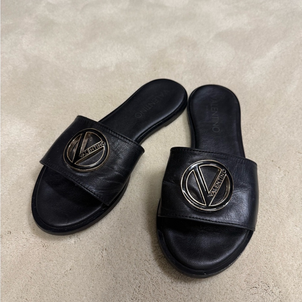 Valentino Black Slides with Gold Logo
